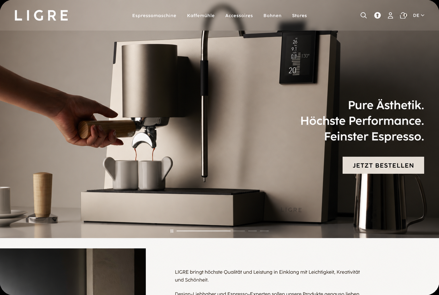 Von tzn Digital entwickelter LIGRE Onlineshop mit Espressomaschine